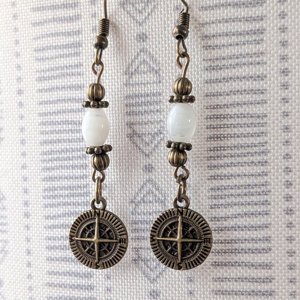 Antique Bronze and White Compass Earrings
